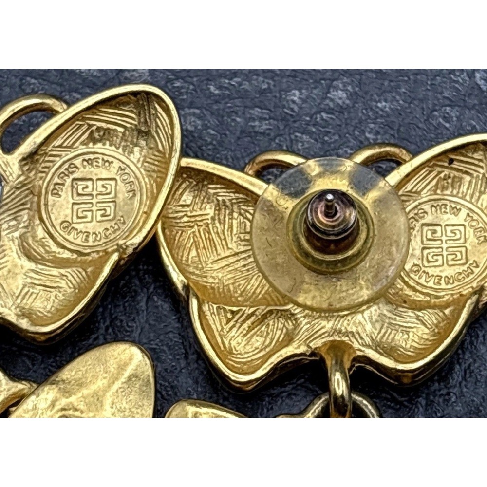 Vintage 80s Givenchy Gold Tone Butterfly Pearl Drop Dangle Pierced Earrings - Picture 14 of 16